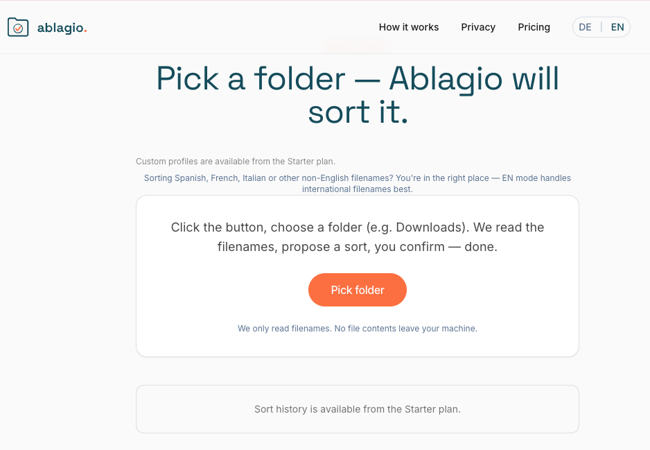 ablagio success screen: 58 entries sorted in 8.1 seconds with Undo everything button