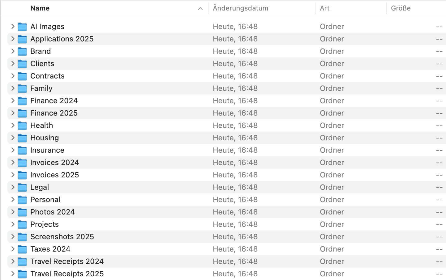 macOS Finder with sorted folders: Applications 2025, Brand, Clients, Family, Finance 2024, Health, Housing, Insurance, Legal and more
