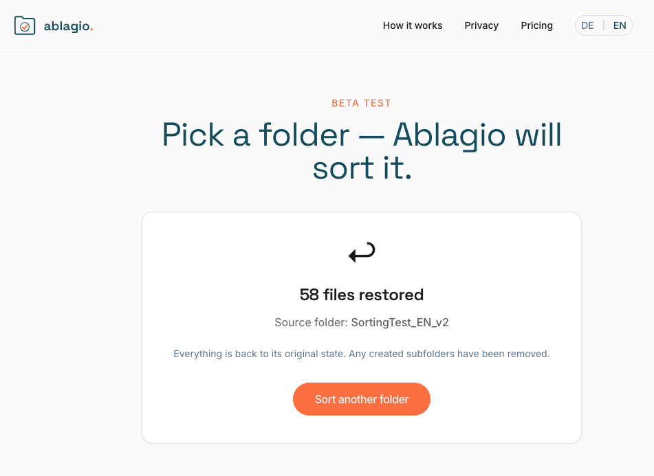 ablagio undo screen: 58 files restored, everything back to original state